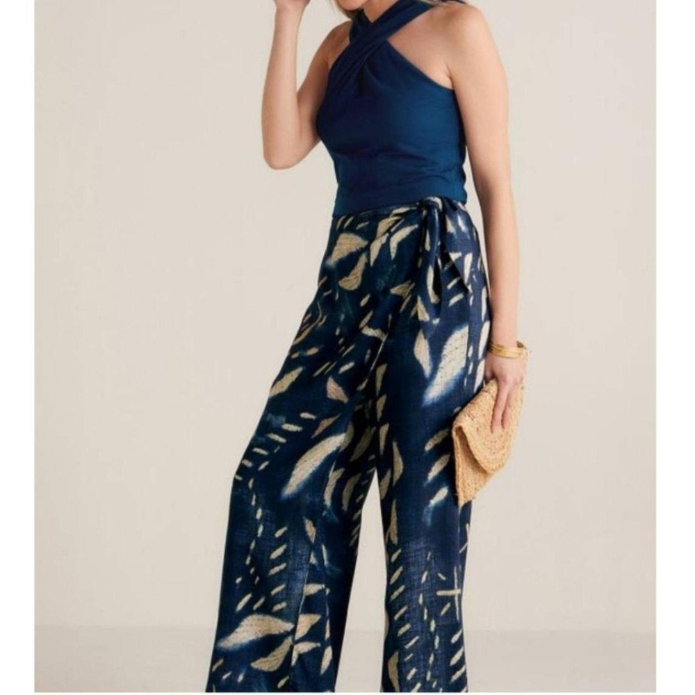 Soft Surroundings Wrap Front Pants 6P Linen Blend Batik Abstract Navy Resort